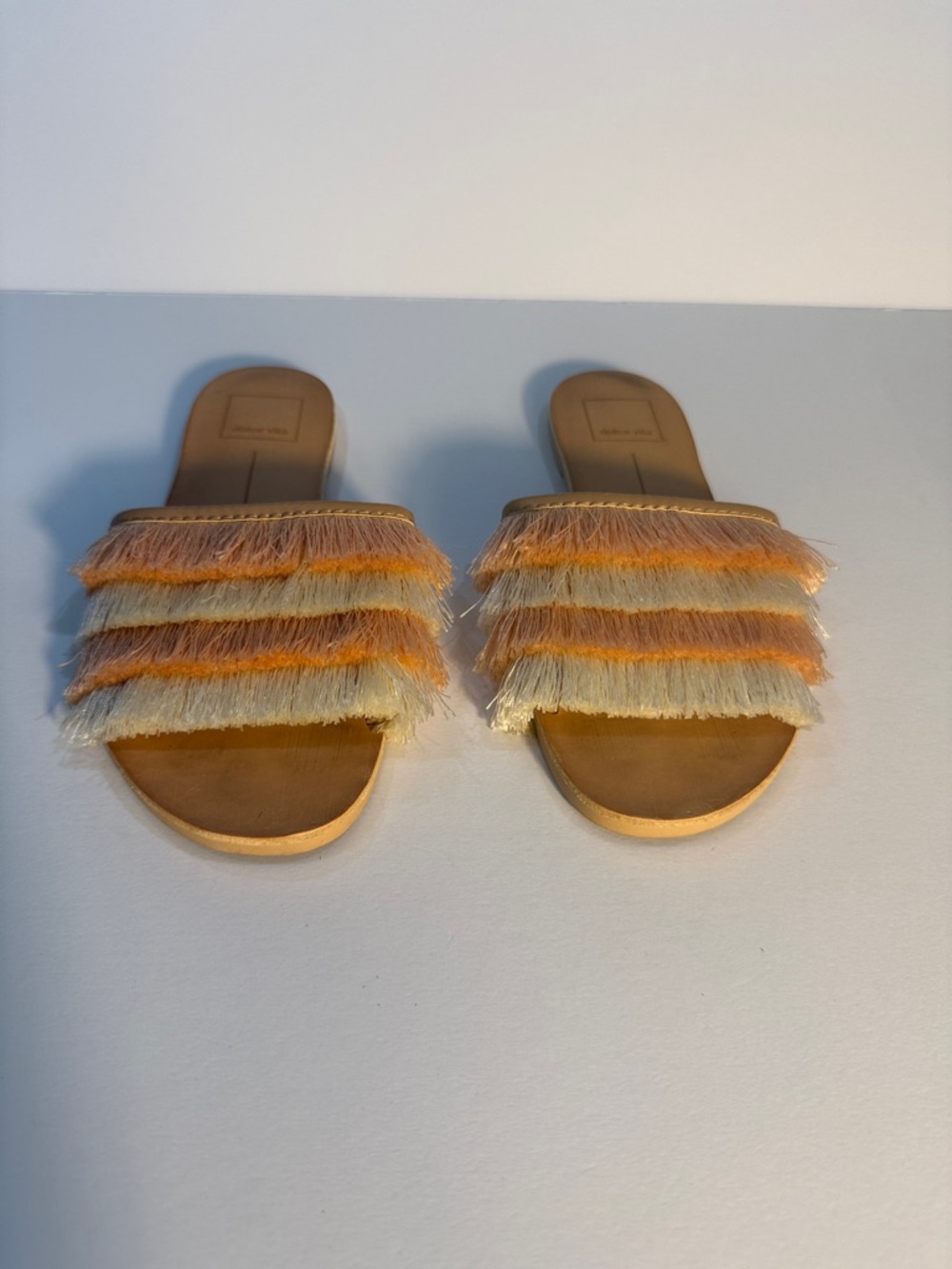 Dolce Vita Fringe Strap Slide Sandals in Peach and Cream - Women Size 6